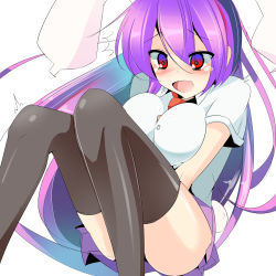 Rule 34 | 1girl, ^^^, absurdres, animal ears, black thighhighs, blush, breasts, breasts squeezed together, extra ears, fang, gradient eyes, gradient hair, highres, large breasts, light purple hair, long hair, miton (turuyasann), multicolored eyes, multicolored hair, open mouth, purple eyes, rabbit ears, rabbit girl, rabbit tail, red eyes, reisen udongein inaba, simple background, skirt, solo, tail, tears, thighhighs, touhou, white background
