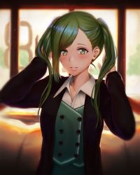 Rule 34 | 1girl, blurry, blurry background, blush, green eyes, green hair, green vest, hand up, hands up, idolmaster, idolmaster shiny colors, indoors, lanzer, long hair, nanakusa hazuki, office lady, solo, twintails, twintails day, upper body, vest