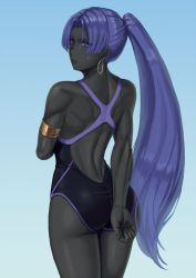 Rule 34 | 1girl, adjusting clothes, adjusting swimsuit, armlet, ass, assassin (fate/zero), back, bare arms, bare shoulders, black one-piece swimsuit, blue background, colored skin, competition swimsuit, cowboy shot, dark skin, dark-skinned female, earrings, embarrassed, fate/zero, fate (series), female assassin (fate/zero), from behind, highres, hoop earrings, jewelry, light frown, lips, long hair, looking back, muscular, muscular female, one-piece swimsuit, parted lips, ponytail, purple eyes, purple hair, ranma (kamenrideroz), simple background, solo, standing, sweat, swimsuit, thighs, tsurime, very dark skin, very long hair