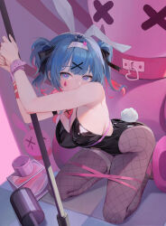 Rule 34 | 1girl, absurdres, animal ears, bare shoulders, bbul horn, black hair, black leotard, blue eyes, blush, bound, bound legs, bound wrists, breasts, cleavage, fishnet pantyhose, fishnets, from above, full body, hair ornament, hairband, hands up, hatsune miku, heart, heart-shaped pupils, highres, kneeling, knees apart feet together, leaning forward, leotard, long hair, looking at viewer, looking up, medium breasts, pantyhose, pole, rabbit ears, rabbit hole (vocaloid), rabbit tail, restrained, skindentation, solo, spaghetti strap, spread legs, stripper pole, stuffed animal, stuffed rabbit, stuffed toy, symbol-shaped pupils, tail, thigh strap, twintails, vocaloid, white hairband, x hair ornament