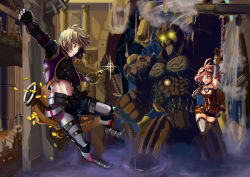 Rule 34 | 1boy, 1girl, arm up, armpits, bag, bare shoulders, breasts, brown dress, brown gloves, chain, cleavage, clenched hand, clenched teeth, coin, destruction, dress, falken (yutozin), full body, gauntlets, giant, glint, gloves, glowing, glowing eyes, goggles, goggles on head, holding, holding sword, holding weapon, holster, key, looking back, machine, messy hair, monster, open mouth, original, outstretched arm, pillar, pink hair, robot, short hair, smoke, sparkling eyes, splashing, strapless, strapless dress, sword, teeth, thigh gap, thigh holster, thigh strap, thighhighs, wading, water, weapon, yellow eyes, zettai ryouiki