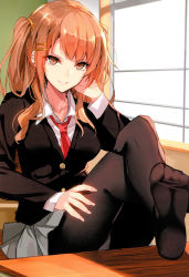 Rule 34 | 1girl, aosaki yukina, black pantyhose, brown eyes, brown hair, cardigan, collarbone, feet, grey skirt, hair ornament, hand in own hair, highres, indoors, long hair, looking at viewer, m meets girl, necktie, no shoes, pantyhose, pleated skirt, red necktie, sitting, skirt, soles, solo, two side up
