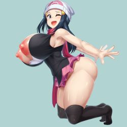 Rule 34 | 1girl, alternate breast size, armpits, ass, bare shoulders, beanie, black socks, blue background, blue eyes, blue hair, blush, breasts, bursting breasts, creatures (company), curvy, dawn (pokemon), game freak, hair ornament, hairclip, hat, highres, huge ass, huge breasts, kawahagitei, kneehighs, kneeling, large areolae, long hair, matching hair/eyes, nintendo, nipples, one eye closed, open mouth, pink skirt, pokemon, pokemon dppt, puffy nipples, scarf, shiny clothes, shiny skin, simple background, skirt, sleeveless, socks, solo, thick thighs, thighs, wardrobe malfunction, white hat, wink
