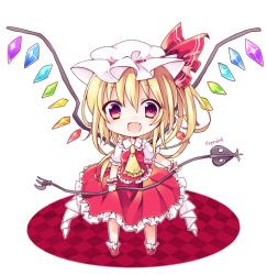 Rule 34 | 1girl, ascot, bad id, bad pixiv id, blonde hair, chibi, commentary request, english text, engrish text, fang, flandre scarlet, hat, hat ribbon, laevatein, looking at viewer, mob cap, open mouth, puffy short sleeves, puffy sleeves, ranguage, red eyes, ribbon, shirt, short sleeves, skirt, skirt set, smile, solo, touhou, vest, wings, wrist cuffs, yukimiya (parupunta)