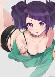 Rule 34 | 1girl, armlet, bare shoulders, belt, black nails, black panties, black shorts, bra, breasts, closed mouth, diagonal bangs, feet up, highleg, highleg panties, highres, idolmaster, idolmaster shiny colors, jewelry, lipstick, long sleeves, looking at viewer, lying, makeup, mascara, medium breasts, mizuki makoto, nail polish, necklace, off shoulder, on stomach, panties, pocket, purple eyes, purple hair, purple lips, short twintails, shorts, simple background, smile, solo, striped bra, striped clothes, tanaka mamimi, twintails, underwear
