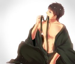 Rule 34 | 1boy, akagami no shirayukihime, black hair, male focus, mouth hold, obi (akagami no shirayukihime), open clothes, open mouth, scars removed, sitting, solo