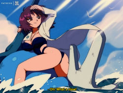 Rule 34 | 1girl, ass, bad anatomy, bare legs, bluethebone, breasts, brown eyes, cleavage, closed mouth, creatures (company), day, english text, feet out of frame, game freak, gen 1 pokemon, gyarados, jewelry, lab coat, large breasts, looking back, nintendo, one-piece swimsuit, outdoors, pendant, philena ivy, pokemon, pokemon (anime), pokemon (classic anime), pokemon (creature), purple eyes, purple hair, retro artstyle, shading eyes, short hair, smile, solo, subtitled, sunlight, surf (pokemon), swimsuit, water