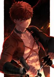 Rule 34 | 1boy, absurdres, alter servant, belt, collar, dark persona, emiya shirou, expressionless, fate/grand order, fate (series), great grail, highres, holding, holding weapon, igote, looking at viewer, male focus, okonon (kado colda), red hair, scar, scar across eye, scar on arm, scar on chest, scar on face, senji muramasa (fate), solo, toned, toned male, topless male, upper body, weapon, wide sleeves, yellow eyes