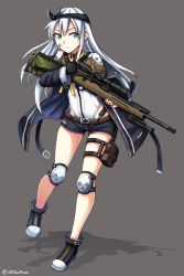 Rule 34 | 1girl, artist name, bandaid, belt, belt buckle, blue eyes, bolt-action rifle, bolt action, boots, buckle, darpa xm-3, denim, denim shorts, fingerless gloves, full body, girls&#039; frontline, gloves, grey background, gun, hair between eyes, highres, holding, holding gun, holding weapon, jacket, knee pads, leotard, long hair, ndtwofives, pouch, prototype design, rifle, shadow, short shorts, shorts, simple background, sniper, sniper rifle, solo, standing, thigh pouch, watermark, weapon, white hair, xm3 (girls&#039; frontline)