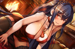 Rule 34 | 1girl, ahoge, azur lane, bad id, bad pixiv id, bare shoulders, belko, between breasts, black hair, black thighhighs, blush, box, breasts, choker, cleavage, cocktail dress, collarbone, dress, fireplace, gift, gift box, hair between eyes, hair ornament, heart-shaped box, highres, huge breasts, indoors, kneeling, long hair, looking at viewer, official alternate costume, one side up, parted lips, red choker, red dress, red eyes, smile, solo, taihou (azur lane), taihou (forbidden feast) (azur lane), thighhighs, thighs, very long hair