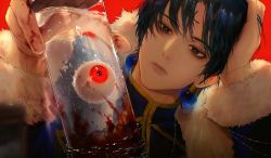 Rule 34 | 1boy, black eyes, black hair, blood, blood on clothes, blood on hands, blue coat, bright pupils, chain, chrollo lucilfer, closed mouth, coat, commentary request, earrings, expressionless, eyeball, facial mark, forehead mark, fur-trimmed coat, fur trim, gugong (90 un), guro, hand on own head, head rest, high collar, highres, holding, hunter x hunter, jewelry, korean commentary, lips, male focus, portrait, red background, red eyes, short hair, tube, white pupils