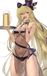 Rule 34 | 1girl, alcohol, animal ears, beer, beer mug, black bow, black hairband, blonde hair, bow, braid, breasts, brown eyes, commentary, covered erect nipples, covered mouth, covered navel, cowboy shot, cup, fake animal ears, foam, gluteal fold, granblue fantasy, hair bow, hairband, hand up, heart, heart print, helel ben shalem, helel ben shalem (summer) (granblue fantasy), highres, holding, holding tray, long hair, looking at viewer, maho (drmaho1), medium breasts, mug, navel, pelvic curtain, see-through, solo, standing, symbol-only commentary, thighs, tray, very long hair