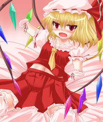 Rule 34 | 1girl, amputee, blonde hair, blush, fangs, female focus, flandre scarlet, hat, midriff, navel, quadruple amputee, red eyes, shimo (depthbomb), sitting, solo, touhou, vampire, wings