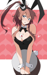 Rule 34 | 1girl, ace (playing card), ace of hearts, alternate costume, animal ears, bare shoulders, between breasts, black pantyhose, blue eyes, bow, bowtie, breasts, brown hair, card, cowboy shot, detached collar, fake animal ears, hair between eyes, hair ornament, heart, highleg, highleg leotard, highres, kantai collection, large breasts, leotard, long hair, nel-c, pantyhose, playboy bunny, playing card, ponytail, rabbit ears, rabbit tail, saratoga (kancolle), side ponytail, sidelocks, smokestack, solo, strapless, tail, tray, wrist cuffs