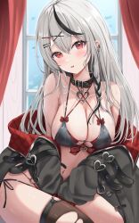 Rule 34 | 1girl, absurdres, belt collar, bikini, black bikini, black collar, blush, bow, bow bikini, braid, breasts, choker, cleavage, collar, commentary request, curtains, earrings, fang, grey hair, hair ornament, hairclip, heart, heart choker, highres, hololive, jewelry, large breasts, long hair, looking at viewer, multi-strapped bikini top, navel, red bikini, red bow, red eyes, sakamata chloe, single braid, sitting, skin fang, smile, solo, stud earrings, sweat, swimsuit, thighhighs, torn clothes, torn thighhighs, uni ikura, upper body, window