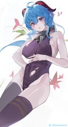 Rule 34 | 1girl, ahoge, arrow (projectile), bare shoulders, bell, black leotard, blue hair, breasts, brown horns, brown thighhighs, chenmovicio, commentary request, covered erect nipples, ganyu (genshin impact), genshin impact, hair between eyes, highleg, highleg leotard, highres, holding, holding arrow, horns, large breasts, leotard, long hair, looking at viewer, neck bell, parted lips, purple eyes, simple background, solo, strapless, strapless leotard, thighhighs, thighs, torn clothes, torn leotard, twitter username