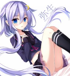 Rule 34 | 10s, 1girl, bad id, bad pixiv id, blue eyes, character name, crescent, crescent hair ornament, hair ornament, kantai collection, light purple hair, looking at viewer, midriff, navel, rin yuu, school uniform, short hair with long locks, simple background, skirt, socks, solo, twitter username, white background, yayoi (kancolle)