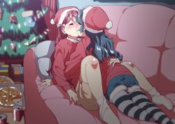 Rule 34 | 2girls, between legs, blue hair, blush, can, christmas ornaments, christmas tree, couch, ecoman, closed eyes, food, gift, hat, highres, indoors, kiss, knee blush, love live!, love live! sunshine!!, multiple girls, on couch, pillow, pizza, red hair, sakurauchi riko, santa hat, socks, star ornament, symbol-only commentary, tsushima yoshiko, yuri