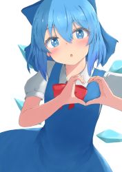 Rule 34 | 1girl, absurdres, blue dress, blue eyes, blue hair, blush, bow, cirno, dress, hair between eyes, hair bow, heart, heart hands, highres, ice, ice wings, looking at viewer, mizune (winter), puffy short sleeves, puffy sleeves, short hair, short sleeves, solo, symbol-shaped pupils, touhou, wings