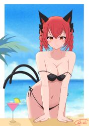 Rule 34 | 1girl, absurdres, animal ears, bikini, black bikini, blue sky, blurry, blurry background, blush, breasts, cat ears, cat girl, cat tail, chiaki koizumi, cleavage, closed mouth, cloud, collarbone, cup, drinking glass, highres, kaenbyou rin, large breasts, looking at viewer, medium hair, multiple tails, navel, nekomata, outdoors, red eyes, red hair, signature, sky, solo, swimsuit, tail, touhou, two tails, variant set