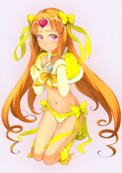 Rule 34 | 10s, 1girl, adapted costume, bikini, bikini bottom only, blush, boots, bow, brooch, choker, circlet, cure muse, cure muse (yellow), embarrassed, eyelashes, full body, hair bow, hair ornament, hair ribbon, hands on own chest, heart, highres, jewelry, knee boots, kneeling, long hair, looking at viewer, navel, orange hair, pink background, pink eyes, precure, ribbon, sakura kotetsu, shirabe ako, simple background, solo, suite precure, swimsuit, tears, thigh gap, white background, yellow bikini, yellow bow, yellow legwear, yellow ribbon