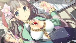 Rule 34 | 1girl, bad id, bad pixiv id, book, breasts, brown hair, flower, green eyes, green jacket, hair flower, hair ornament, hands up, jacket, long hair, long sleeves, looking at viewer, lying, medium breasts, murano, on back, open book, open clothes, open jacket, original, parted lips, pink flower, quill, shirt, solo, upper body, white shirt