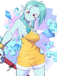 Rule 34 | 1girl, absurdres, aetherion, aqua hair, bikini, bikini under clothes, blue skin, braid, breasts, cleavage, colored skin, commission, contrapposto, facial mark, hand on own hip, highres, large breasts, micro bikini, original, overalls, pointy ears, red eyes, sideboob, signature, solo, staff, swimsuit, toriyama akira (style), twin braids, wristband, yellow overalls