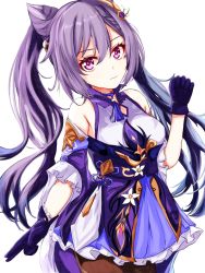 Rule 34 | 1girl, black gloves, black pantyhose, choker, commentary request, detached sleeves, double bun, genshin impact, gloves, hair between eyes, hair bun, hair ornament, highres, keqing (genshin impact), long hair, looking at viewer, pantyhose, purple eyes, purple hair, sidelocks, simple background, solo, twintails, umidemi, white background