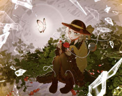 Rule 34 | 1girl, black footwear, black hat, black pantyhose, blouse, blush, boots, bug, bush, butterfly, buttons, commentary, cross-laced footwear, diamond button, flower, frilled shirt collar, frilled skirt, frilled sleeves, frills, full body, glass, glass shards, glowing, glowing butterfly, green eyes, green skirt, hat, hat ribbon, heart, heart of string, highres, holding, holding flower, holding petal, insect, knees up, komeiji koishi, leaf, light green hair, long sleeves, looking at animal, mitunanaki, on ground, open mouth, pantyhose, petals, red flower, red rose, ribbon, ribbon-trimmed skirt, ribbon trim, rose, rose petals, shirt, short hair, sitting, skirt, solo, third eye, thorns, touhou, white butterfly, wide sleeves, yellow ribbon, yellow shirt