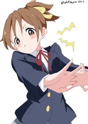 Rule 34 | 1girl, absurdres, artist name, blazer, blue jacket, blush stickers, brown eyes, brown hair, buttons, commentary request, fingers together, grey skirt, hair ribbon, highres, hirasawa ui, jacket, k-on!, looking at viewer, outstretched arms, ponytail, pout, red ribbon, ribbon, sakuragaoka high school uniform, school uniform, shirt, short hair, simple background, skirt, solo, twitter username, watermark, white background, white gorilla (okamoto), white shirt, yellow ribbon