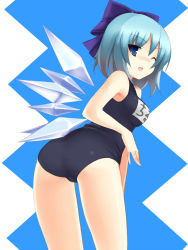 Rule 34 | 1girl, ass, bad id, bad pixiv id, blue eyes, blue hair, bow, breasts, cirno, fang, from behind, hair bow, highres, large bow, leaning forward, looking back, matching hair/eyes, one-piece swimsuit, one eye closed, school swimsuit, short hair, simple background, solo, swimsuit, thighs, touhou, tsukumiya amane, wings, wink