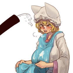 Rule 34 | 1girl, animal hat, blank censor, blonde hair, blush, breasts, censored, chanta (ayatakaoisii), cum, cum on body, cum on clothes, cum on upper body, dress, ejaculation, facial, fang, hat, heavy breathing, huge breasts, long sleeves, mob cap, open mouth, orange eyes, penis, short hair, simple background, sketch, solo, solo focus, suggestive fluid, tabard lift, teeth, tongue, touhou, upper body, white background, white dress, wide sleeves, yakumo ran