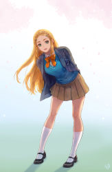 Rule 34 | 1girl, alternate costume, arms behind back, bent over, blonde hair, blue eyes, braid, breasts, cherry blossoms, collared shirt, contemporary, ed (chibied), full body, hair ornament, hairclip, highres, jacket, leaning forward, long hair, looking at viewer, medium breasts, miniskirt, neck ribbon, nintendo, open mouth, petals, platform footwear, pleated skirt, princess zelda, ribbon, shirt, skirt, smile, socks, solo, standing, the legend of zelda, the legend of zelda: breath of the wild, thick eyebrows, vest, white socks