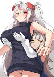 Rule 34 | 2girls, absurdres, azur lane, bare arms, bare shoulders, black sweater, blue dress, blunt bangs, blush, blush stickers, breast lift, breasts, brown eyes, chestnut mouth, commentary request, dress, gloves, gradient background, grey background, grey hair, hair between eyes, headgear, headpiece, highres, large breasts, long hair, long sleeves, mole, mole under eye, moyoron, multicolored hair, multiple girls, panties, parted lips, pink panties, prinz eugen (azur lane), puffy long sleeves, puffy sleeves, red hair, ribbed sweater, sleeveless, sleeveless dress, sleeveless sweater, sleeveless turtleneck, streaked hair, sweater, turtleneck, turtleneck sweater, two side up, underwear, v-shaped eyebrows, very long hair, white background, white gloves, white sleeves, yellow eyes, z46 (azur lane)