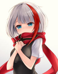 Rule 34 | 1girl, admiral graf spee (azur lane), azur lane, blue eyes, blush, covering own mouth, gradient background, grey background, looking down, multicolored hair, osisio, red hair, red scarf, scarf, short hair, short sleeves, silver hair, solo, two-tone hair, upper body