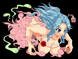 Rule 34 | 1girl, akatuki (yamina), black background, blue eyes, blue hair, breasts, censored, cloud, cloud of darkness, cloud of darkness (cosplay), collarbone, convenient censoring, cosplay, final fantasy, hanging breasts, kumoi ichirin, large breasts, long hair, messy hair, no headwear, nude, parody, simple background, solo, touhou, unzan