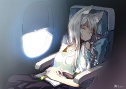 Rule 34 | 1girl, airplane interior, animal ear fluff, animal ears, bare shoulders, book, bra strap, breasts, closed eyes, commentary, dated, facing to the side, glasses, highres, hong (white spider), long hair, medium breasts, off-shoulder shirt, off shoulder, open book, original, parted lips, shirt, short sleeves, signature, silver hair, sitting, sleeping, solo, white shirt, window