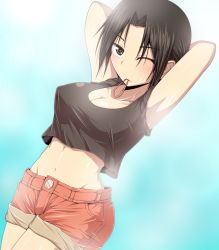 Rule 34 | 1girl, alternate costume, armpits, arms up, bad id, bad pixiv id, black hair, breasts, brown eyes, contemporary, female focus, hair up, highres, inaba rapid, kuroba rapid, looking at viewer, midriff, mouth hold, navel, one eye closed, rapid inaba, shameimaru aya, short shorts, shorts, solo, tank top, touhou, wink