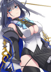 Rule 34 | 1girl, absurdres, bare shoulders, black hair, black skirt, black thighhighs, blue eyes, blush, bow, bow earrings, breasts, cleavage, closed mouth, cross, detached sleeves, earrings, garter straps, hair between eyes, hair intakes, hair ornament, hairband, highres, holding, holding weapon, hololive, hololive english, jacket, jewelry, kiritto, large breasts, looking at viewer, medium hair, ouro kronii, short hair, sideboob, skirt, solo, striped, sword, thighhighs, thighs, virtual youtuber, weapon, white background
