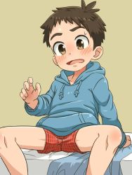 Rule 34 | 1boy, bed, blue jacket, blush, boxers, brown eyes, brown hair, child, collarbone, eisuke-kun, embarrassed, hand up, highres, hood, hood down, jacket, knees, male focus, male underwear, on bed, open mouth, original, shadow, shiny clothes, shiny skin, sitting, solo, solo focus, spiked hair, spread legs, sweat, thighhighs, tjugemu, tongue, underwear