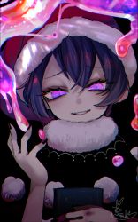 Rule 34 | black background, black nails, blue hair, book, chromatic aberration, dark blue hair, dark persona, doremy sweet, dream soul, eyelashes, focused, fua yuu, hair between eyes, half-closed eyes, hand up, hat, highres, holding, holding book, light smile, looking at viewer, multicolored eyes, nail polish, nightcap, pale skin, pom pom (clothes), red headwear, short hair, signature, simple background, smile, touhou, two-tone dress