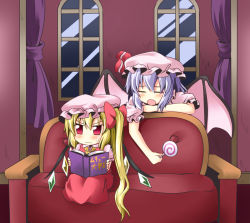 Rule 34 | 2girls, ascot, bat wings, blonde hair, blue hair, blush, book, candy, chibi, couch, closed eyes, flandre scarlet, hat, hat ribbon, ichimi, lollipop, multiple girls, open book, open mouth, personality switch, reading, red eyes, remilia scarlet, ribbon, shirt, siblings, side ponytail, sisters, sitting, skirt, sweatdrop, touhou, vest, wavy mouth, window, wings