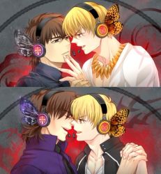 Rule 34 | 2boys, aged down, aged up, blonde hair, brown eyes, butterfly wings, dual persona, face-to-face, fate/stay night, fate/zero, fate (series), gilgamesh (fate), headphones, insect wings, kotomine kirei, magnet (vocaloid), multiple boys, official alternate costume, parody, red eyes, sunday31, vocaloid, wings