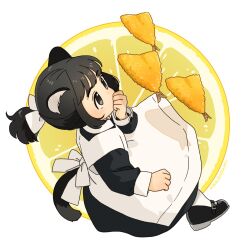 Rule 34 | 1girl, akai sashimi, animal ears, apron, artist name, black dress, black eyes, black footwear, black hair, cat ears, cat girl, cat tail, covered mouth, covering own mouth, dress, food, from side, fruit, full body, hand to own mouth, hand up, lemon, lemon slice, long sleeves, mary janes, original, pantyhose, shoes, short ponytail, sidelocks, sleeve cuffs, solo, tail, tempura, white apron, white background, white pantyhose