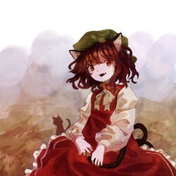 Rule 34 | 1girl, animal ear piercing, animal ears, brown eyes, brown hair, cat ears, cat girl, cat tail, chen, commentary request, dress, fang, fingernails, flat chest, frilled dress, frills, green hat, hat, highres, long sleeves, mob cap, multiple tails, neck ribbon, open mouth, red dress, red nails, retrochaossan, ribbon, sharp fingernails, short hair, smile, solo, tail, touhou, two tails, wavy hair, yellow ribbon