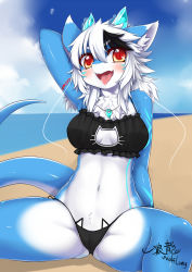 Rule 34 | 1girl, beach, black bra, black panties, blush, bra, breasts, cameltoe, cat lingerie, cleavage, cleavage cutout, cleft of venus, clothing cutout, dragon, female focus, furry, furry female, highres, jewelry, long hair, meme attire, navel, necklace, ocean, open mouth, outdoors, panties, red eyes, sand, side-tie panties, sky, solo, spread legs, tattoo, tongue, tongue out, underwear, wolflong