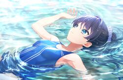 Rule 34 | 1girl, afloat, armpits, blue eyes, blue hair, blue one-piece swimsuit, blue scrunchie, breasts, closed mouth, competition swimsuit, dark blue hair, game cg, hair ornament, hair scrunchie, high ponytail, highres, light smile, link! like! love live!, long hair, looking up, love live!, mole, mole on neck, murano sayaka, official art, one-piece swimsuit, scrunchie, small breasts, solo, swimsuit, third-party source, virtual youtuber