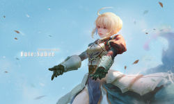 Rule 34 | 1girl, ahoge, antilous, armor, armored dress, artist name, artoria pendragon (fate), black gloves, blonde hair, blue background, braid, breastplate, cowboy shot, fate/grand order, fate (series), french braid, from side, gloves, green eyes, outstretched arms, petals, saber (fate), short hair, solo