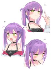 Rule 34 | 1girl, blush, choker, ear piercing, green eyes, highres, hololive, light smile, long hair, mimiquilike, o-ring, o-ring choker, piercing, purple hair, tokoyami towa, tokoyami towa (1st costume), twintails, v, virtual youtuber, wavy mouth, white background, yellow nails