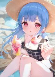 Rule 34 | 1girl, bare arms, bare shoulders, bikini, black bikini, black choker, blue hair, blurry, blurry background, blurry foreground, breasts, brown hat, choker, collarbone, commentary request, cup, day, depth of field, disposable cup, feeding, feet out of frame, food, frilled bikini, frills, hat, highres, holding, holding cup, holding spoon, knees up, long hair, looking at viewer, low twintails, original, outdoors, pink eyes, shaved ice, sitting, small breasts, solo, spoon, strap slip, sun hat, swimsuit, tsukiman, twintails, very long hair, water